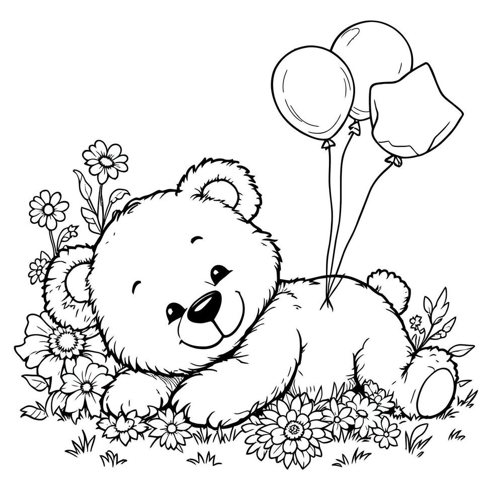 Adorable Fluffy Teddy Bear Enjoying a Sunny Day Amongst Flowers Holding Balloons vector