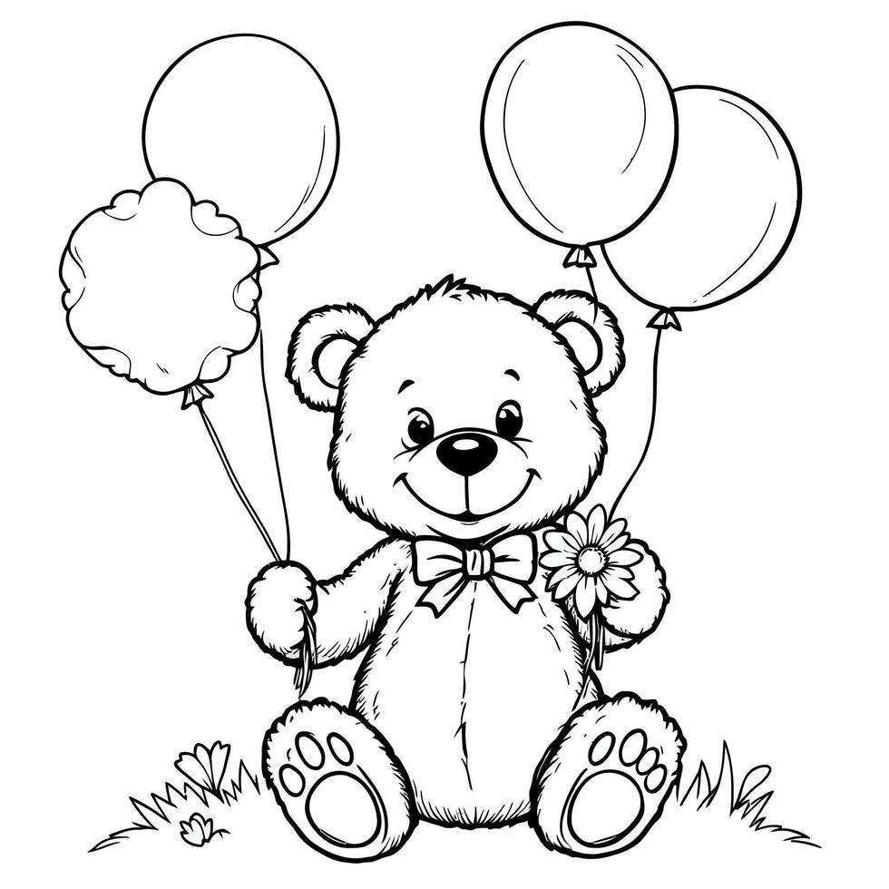Adorable Teddy Bear Holding Balloons and a Flower for a Cute Coloring Page vector