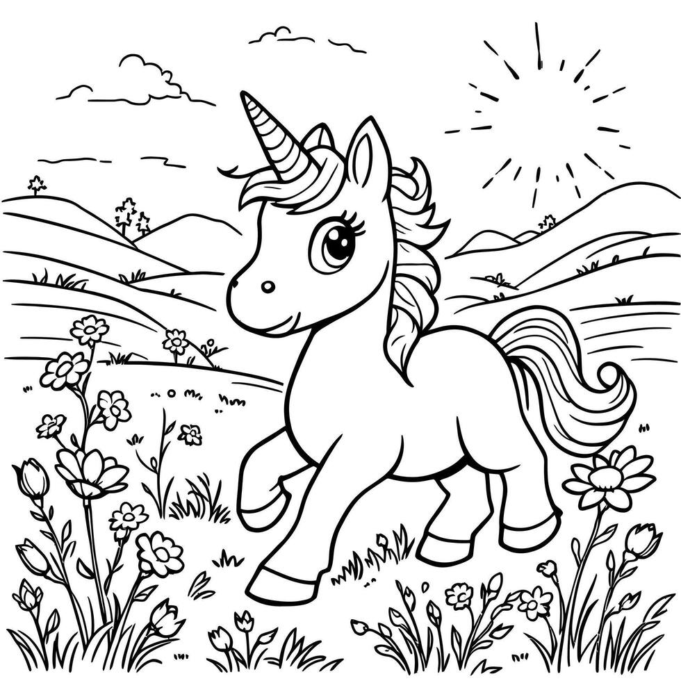 Charming baby unicorn prancing through a field of wildflowers under a bright sunny sky vector