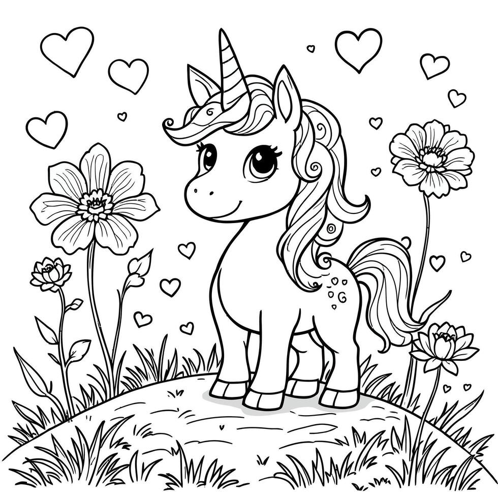 Cute Baby Unicorn with Flowers and Hearts for Coloring Fun vector