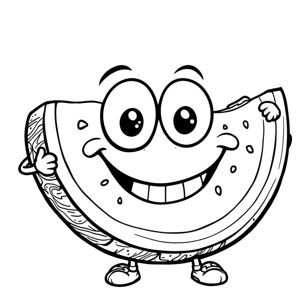 Cute Happy Watermelon Slice Character Line Art Coloring Page For Kids Fun vector