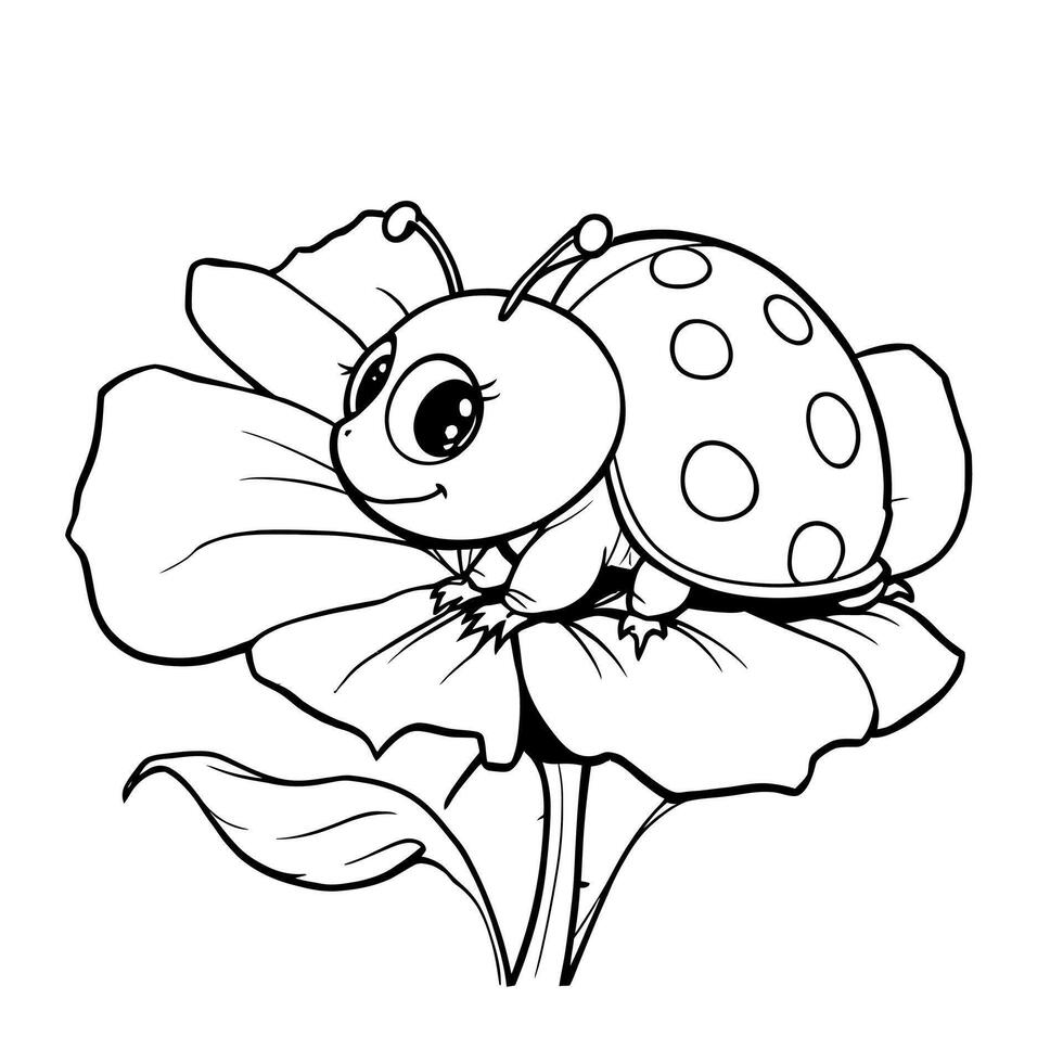 Cute Ladybug on Flower Line Art Coloring Page for Kids to Enjoy and Learn vector