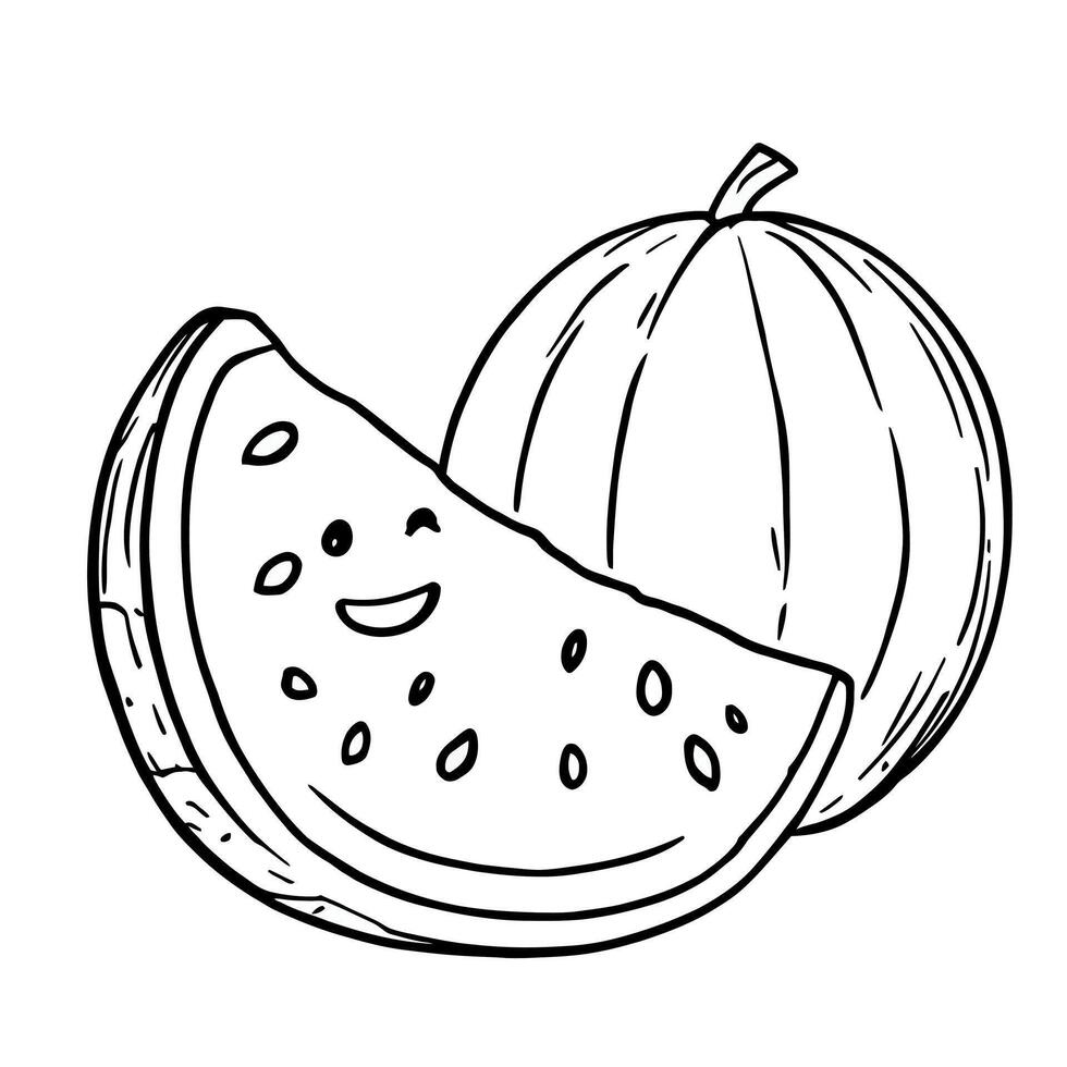 Cute Happy Watermelon Slice and Whole Fruit Line Art Coloring Page for Kids vector