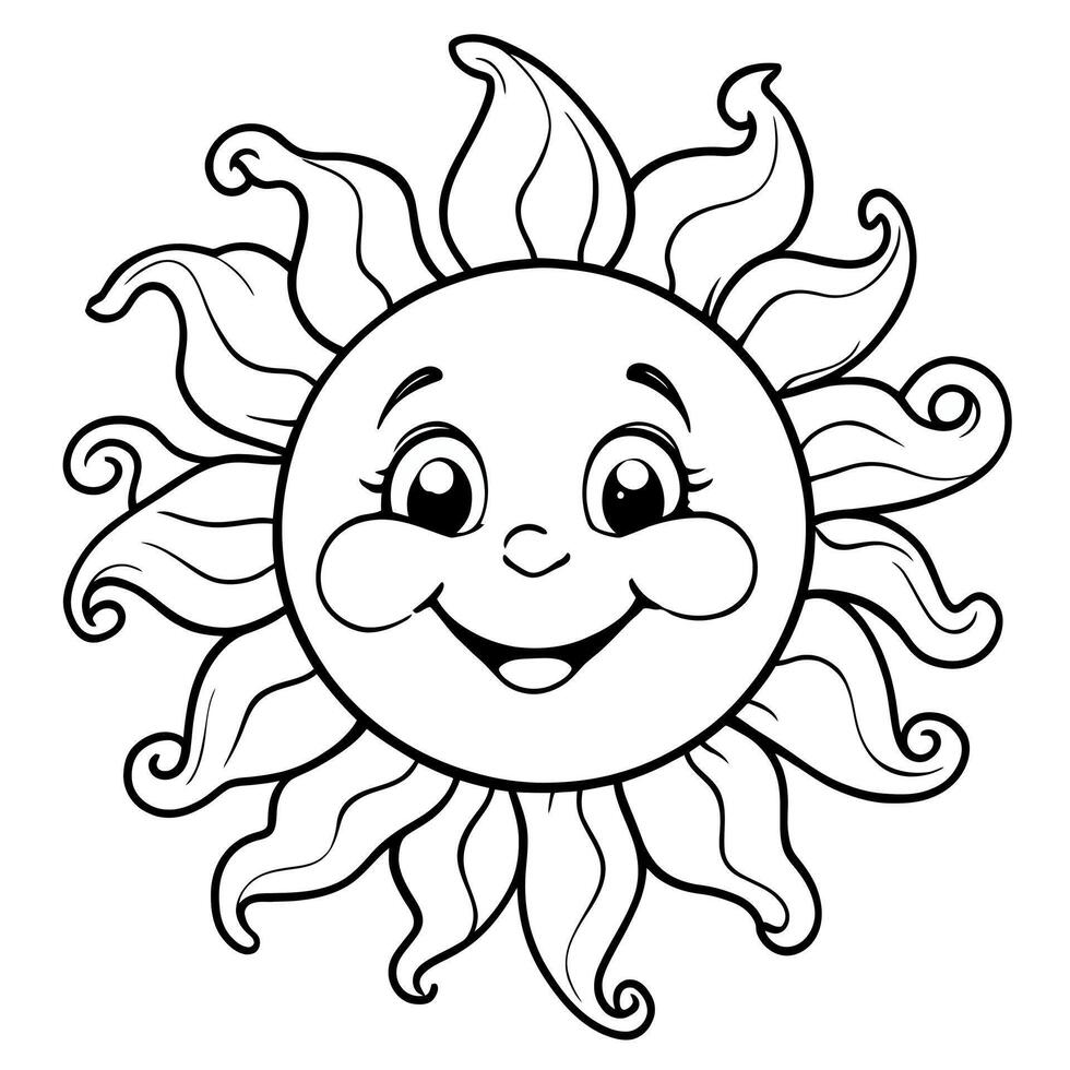 Cute Happy Cartoon Sun Character Face Illustration Line Art Coloring Page vector