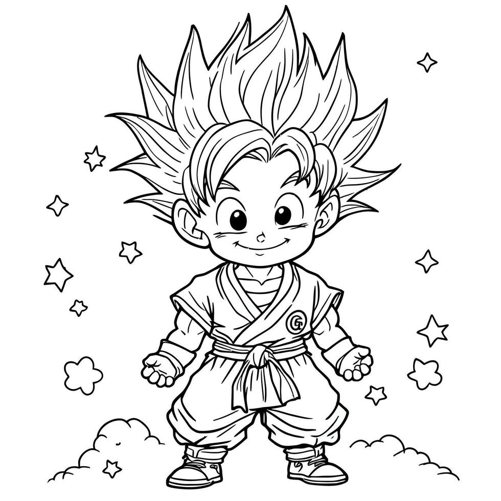 Chibi Anime Hero with Spiky Hair and Stars Line Art Coloring Page for Kids vector