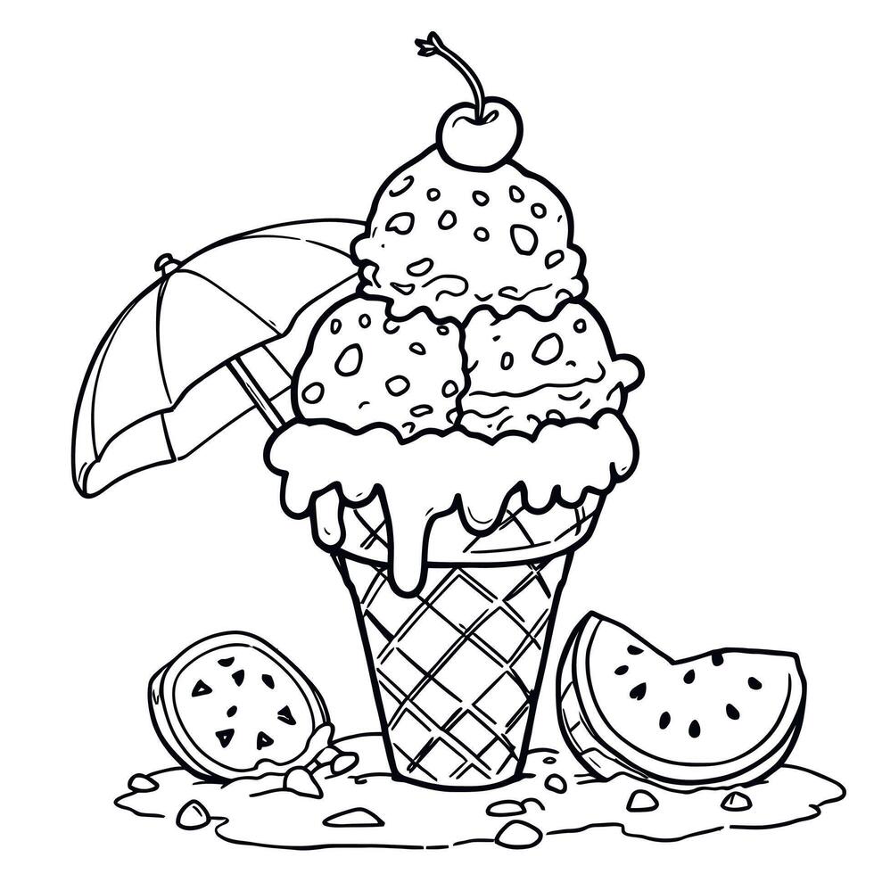 A Deliciously Drawn Ice Cream Cone with Watermelon Slices and a Tiny Umbrella for Summer Fun Coloring Page vector