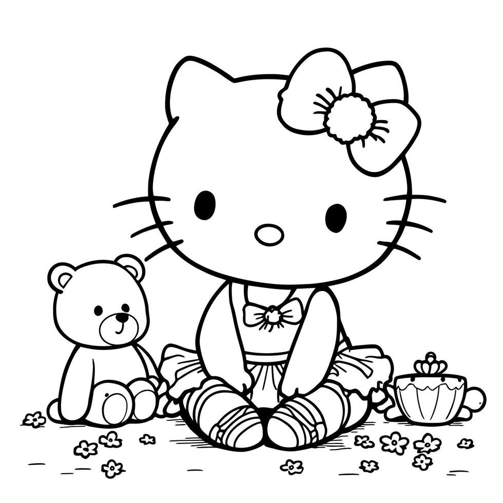Cute Kawaii Kitty Ballerina with Teddy Bear and Flowers Coloring Page Line Art vector