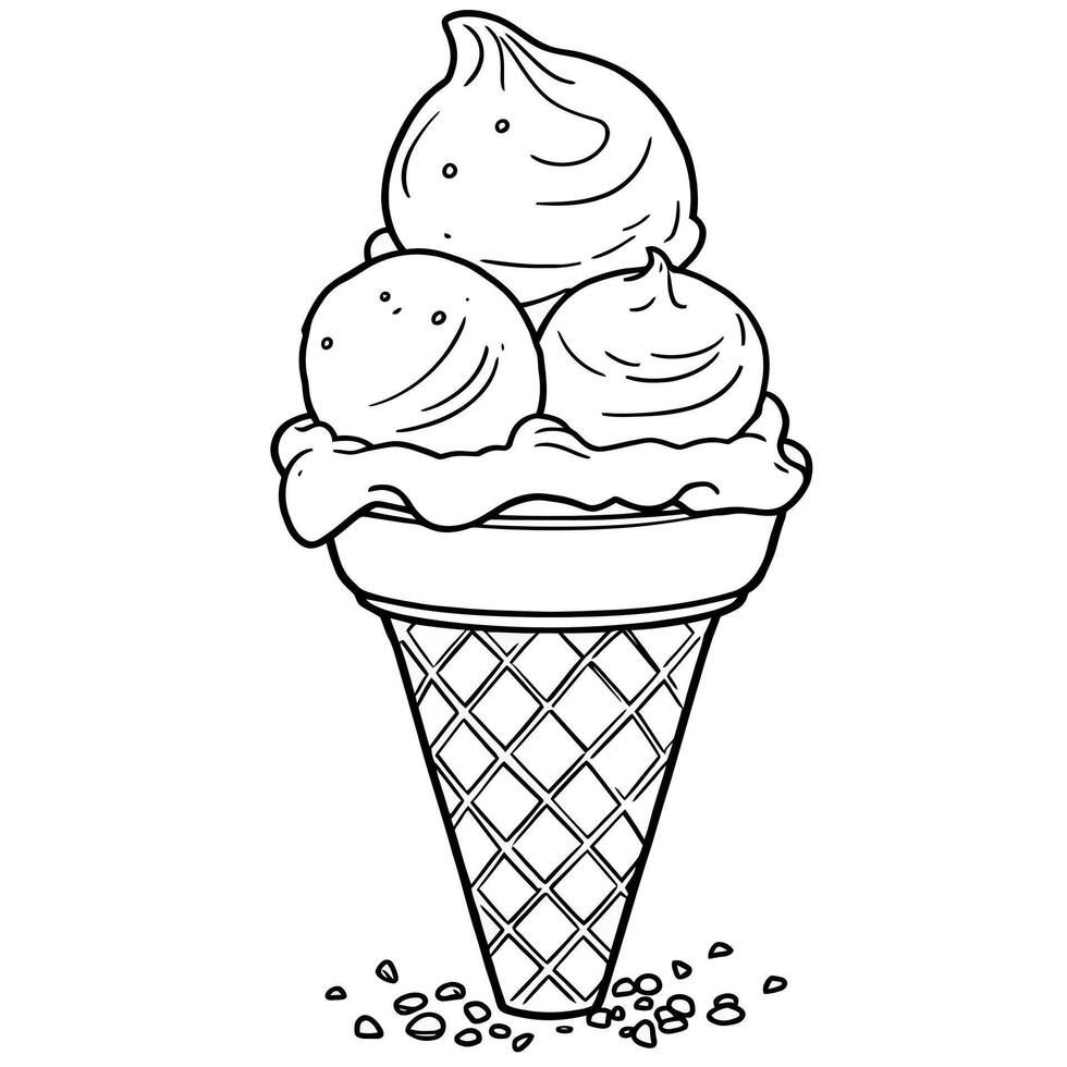 Delicious Ice Cream Cone Three Scoops Cold Sweet Dessert Treat For Kids Coloring Page Art vector