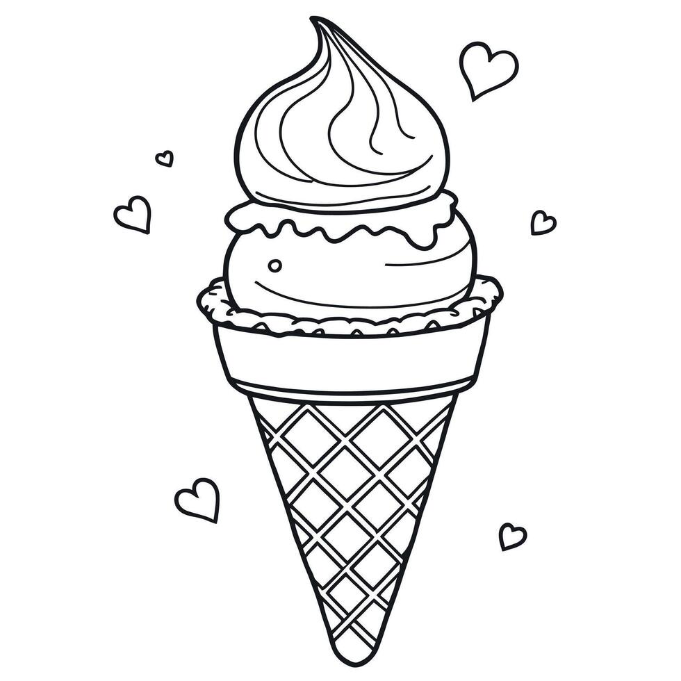 Cute Double Scoop Ice Cream Cone with Hearts Coloring Page for Kids and Adults vector