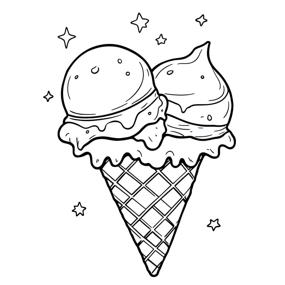 Sweet Delightful Double Scoop Ice Cream Cone with Sparkles Coloring Page vector