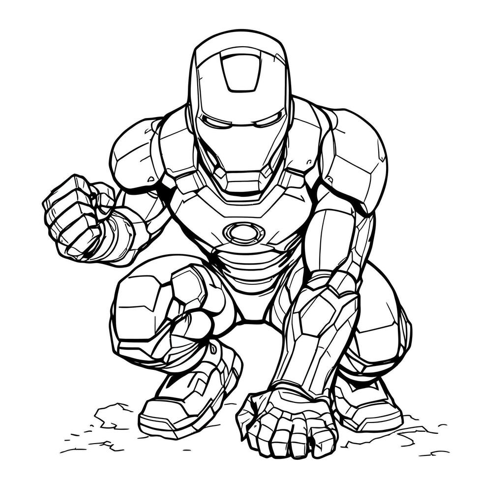 Action Pose Robotic Superhero Suit Coloring Page for Kids and Adults vector