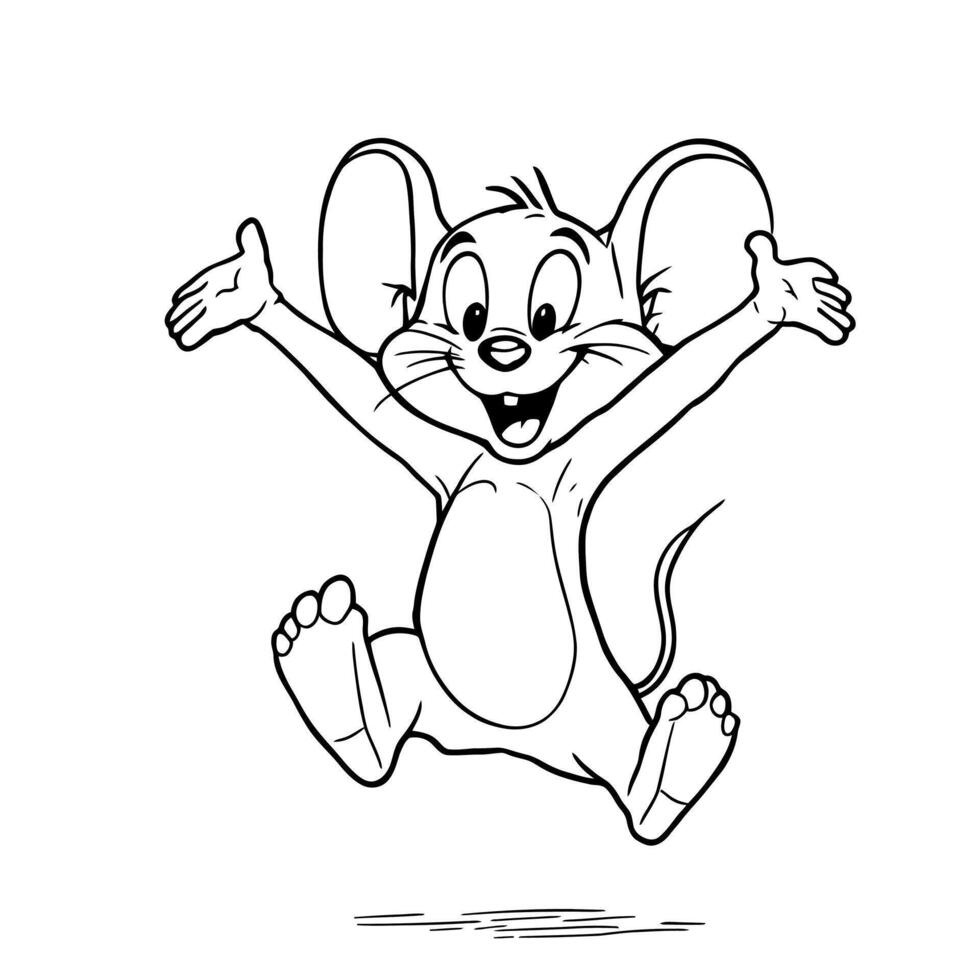 Joyful Cartoon Mouse Jumping With Open Arms A Delightful Line Art Coloring Page vector