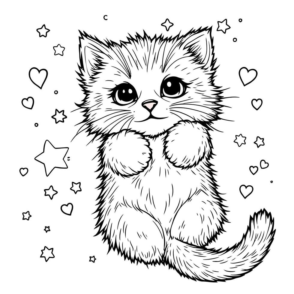 Adorable Fluffy Kitten Paws Up Surrounded by Sparkly Hearts and Stars Line Art Coloring Page vector