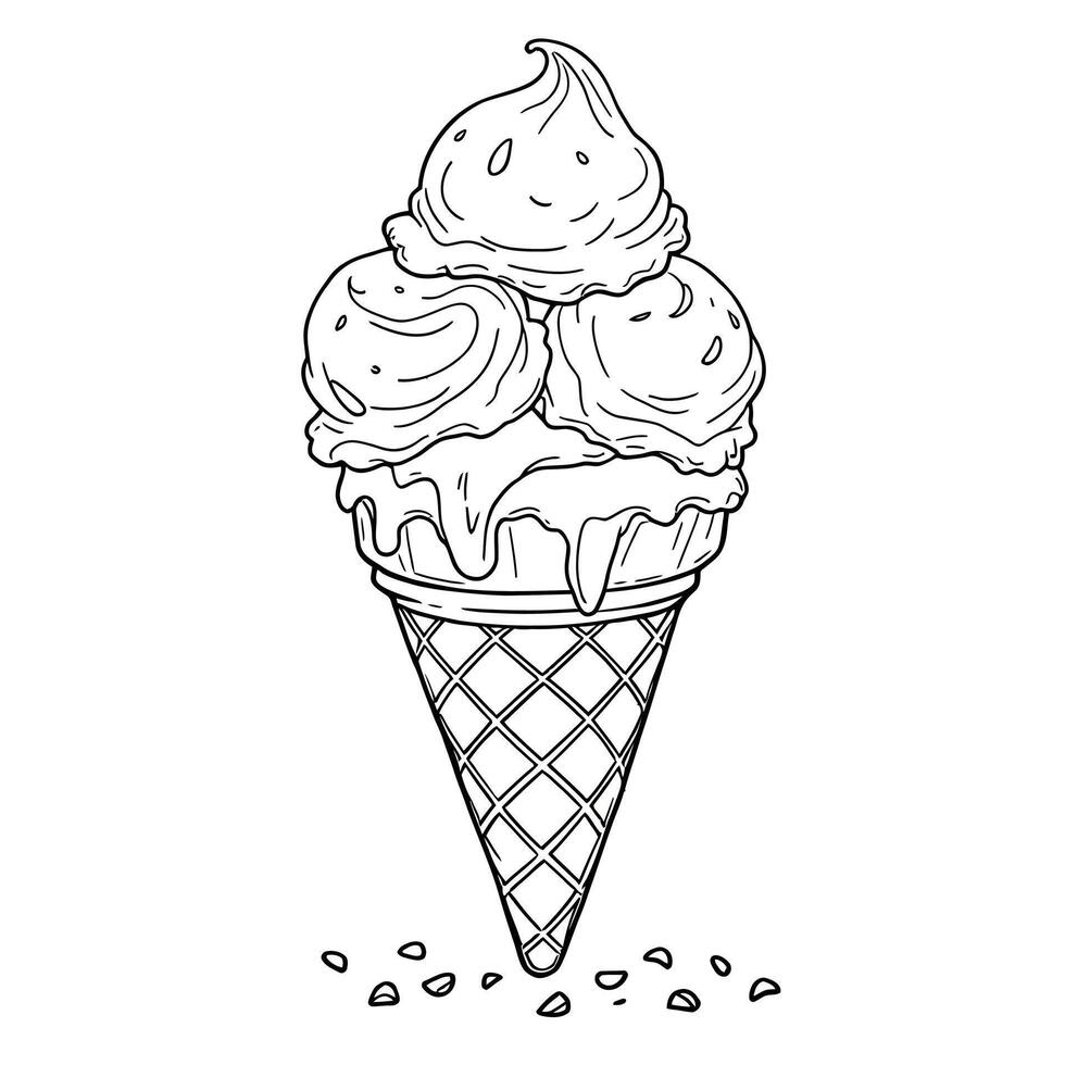 Deliciously Creamy Triple Scoop Ice Cream Cone for Coloring Fun vector