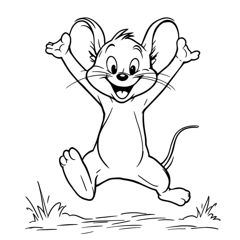 Joyful Cartoon Mouse Character Jumping with Arms Raised in a Happy Pose for Coloring Fun vector