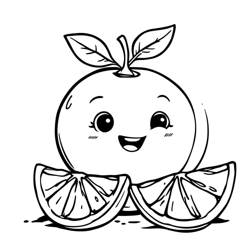 Cute Kawaii Orange Fruit with Leaves and Slices Coloring Page Line Art vector