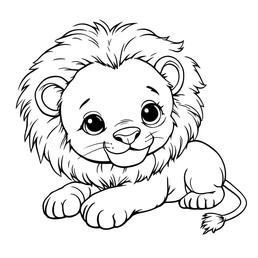 Cute baby lion cub with a fluffy mane lying down peaceful and happy line art coloring page for kids vector