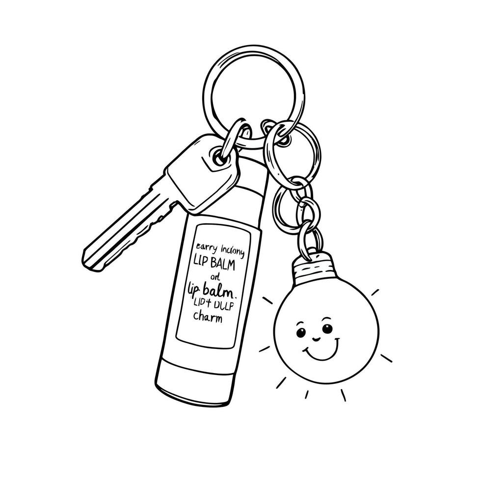 Cute light bulb and lip balm on keychain with keys line art illustration for coloring vector