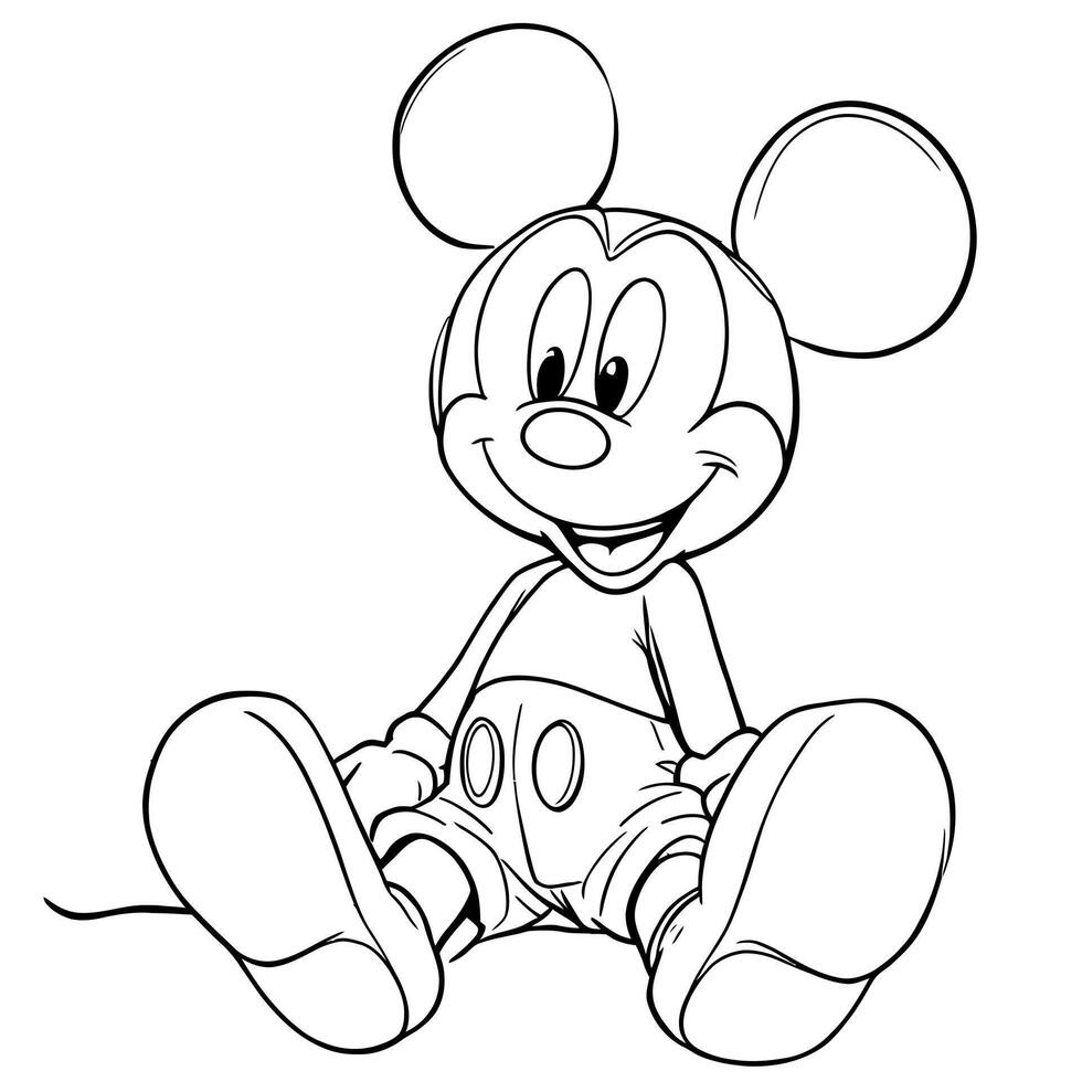 Cute Cartoon Mouse Sitting Contented Line Art Coloring Page for Kids and Adults Engaging Activity vector