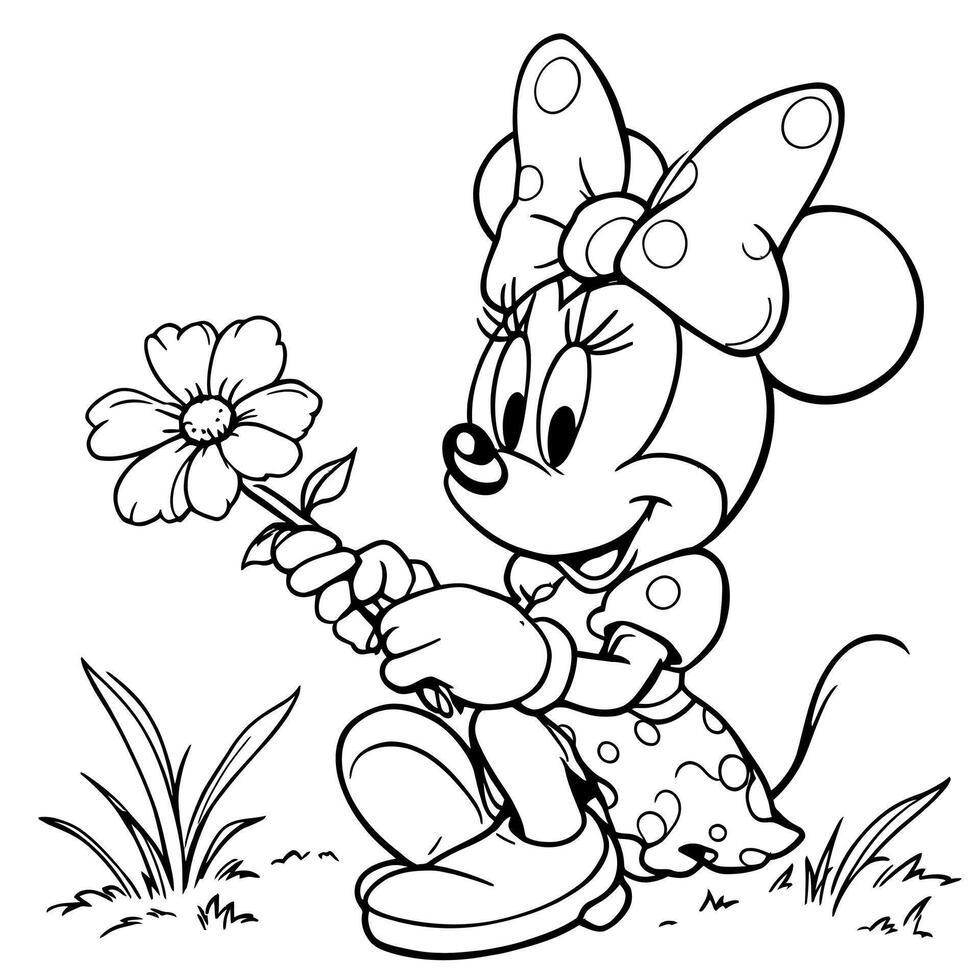 Cute Minnie Mouse Holding a Daisy Flower in a Garden Coloring Page Line Art vector