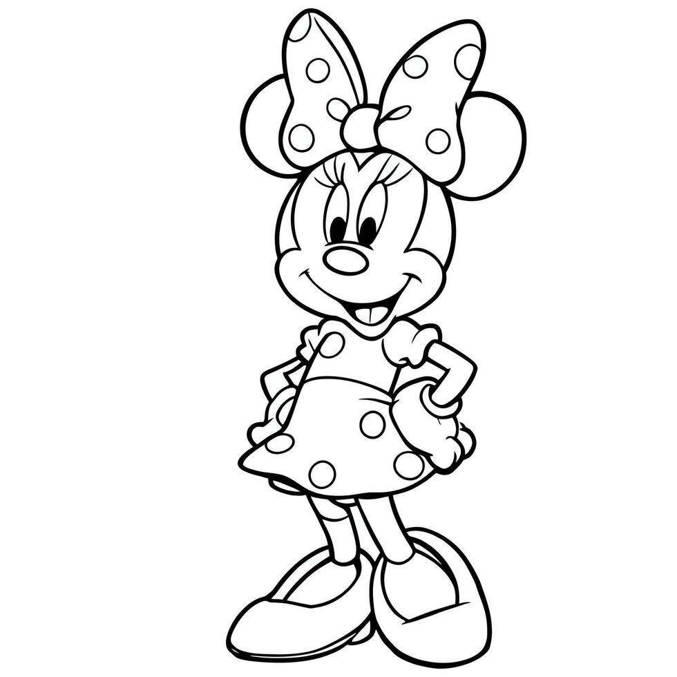Cute Polka Dot Dress Smiling Character with Big Bow Coloring Page Line Art Illustration vector