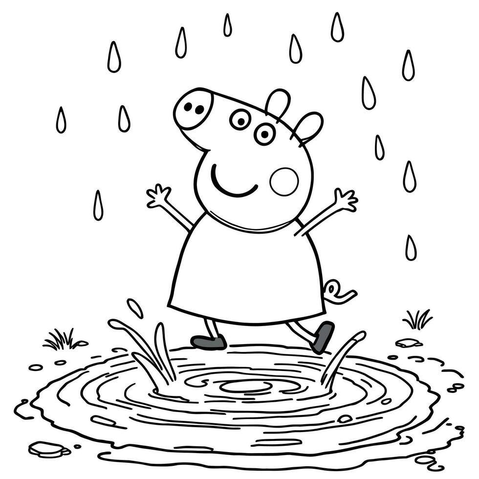 Peppa Pig Jumping in Muddy Puddles Line Art Coloring Page Fun for Kids vector