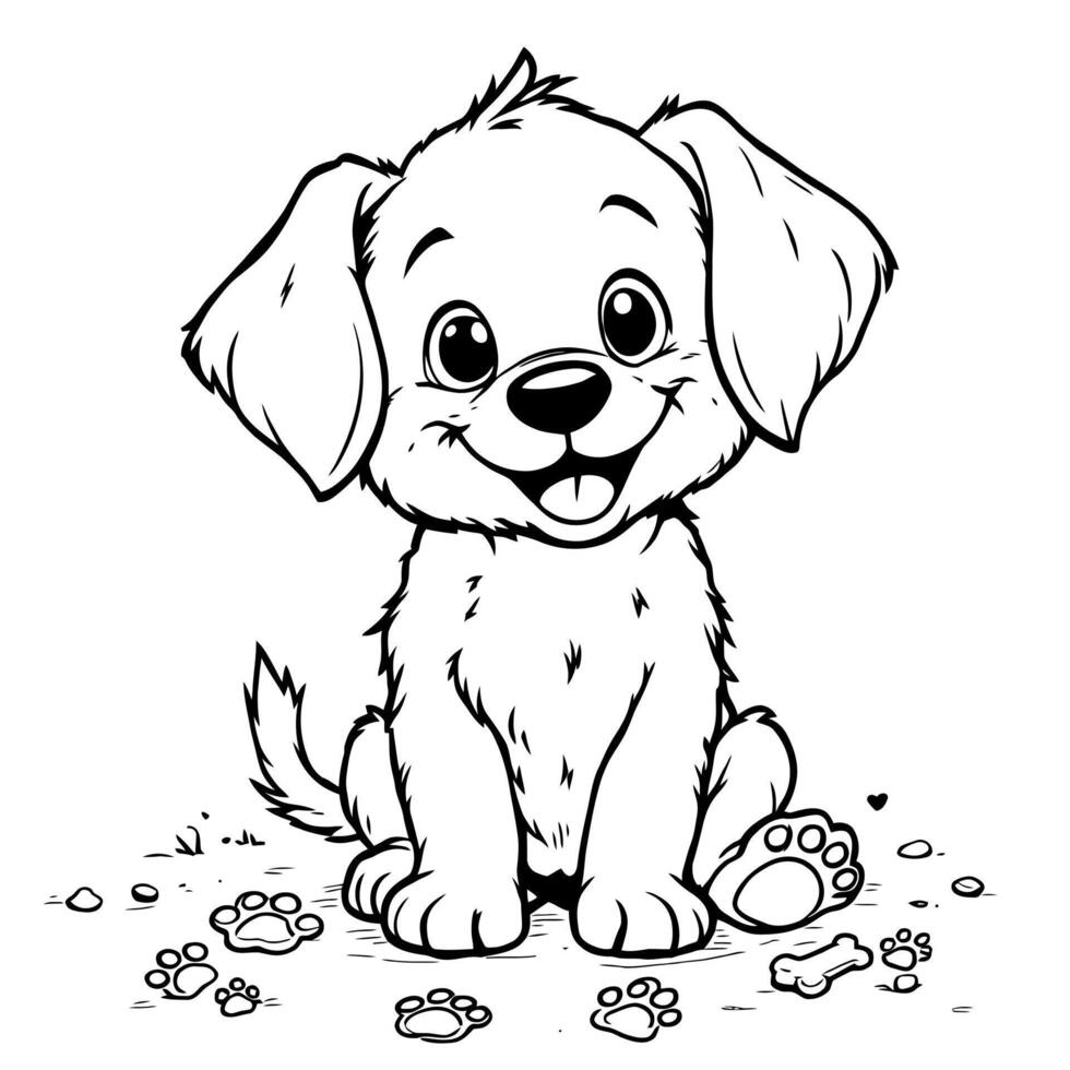 Adorable Fluffy Puppy Sitting Adorablely Amongst Paw Prints and Bones Awaiting Coloring Fun vector
