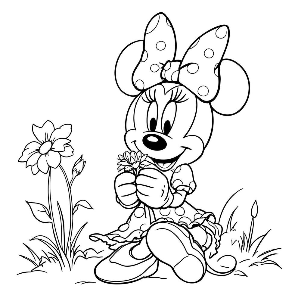 Cute cartoon character enjoying nature and holding a small bouquet of flowers vector