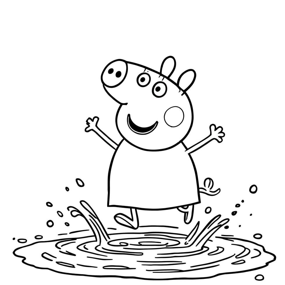Cute cartoon pig character jumping in muddy puddles line art coloring book page for kids vector