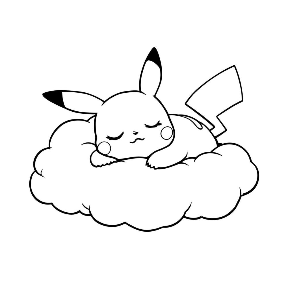 Cute Sleeping Electric Mouse Creature on a Fluffy Cloud Coloring Page Line Art vector