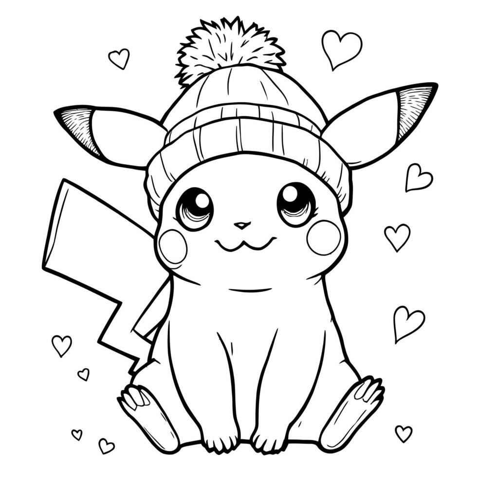 Cute Cartoon Character Wearing Winter Hat Adorable Creature with Hearts Coloring Page for Kids vector