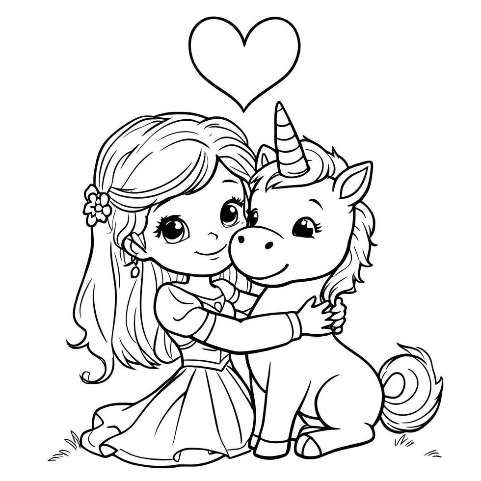 Adorable Princess Hugging Cute Baby Unicorn Adorable Magical Creature Love Heart Design vector