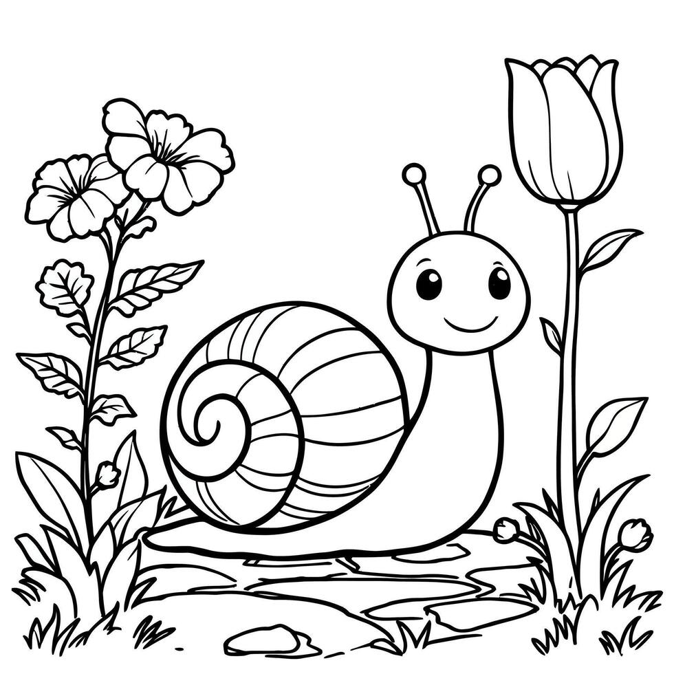 Cute happy snail enjoying a sunny day surrounded by beautiful flowers and plants illustration for coloring vector