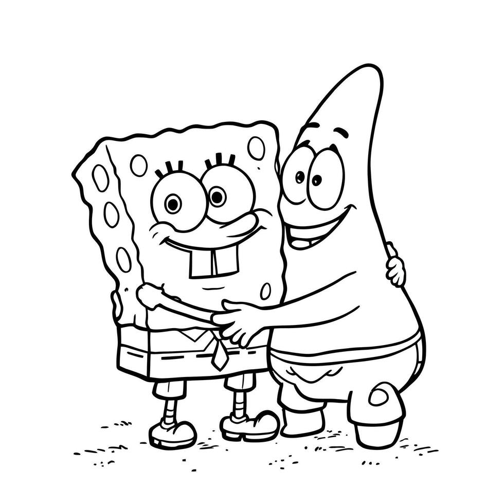 Joyful Friends Sponge and Starfish Embrace in Simple Line Art Coloring Book Fun vector