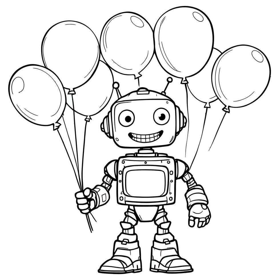 Cheerful Robot Holding a Bunch of Balloons a Fun and Whimsical Illustration for Coloring Pages vector