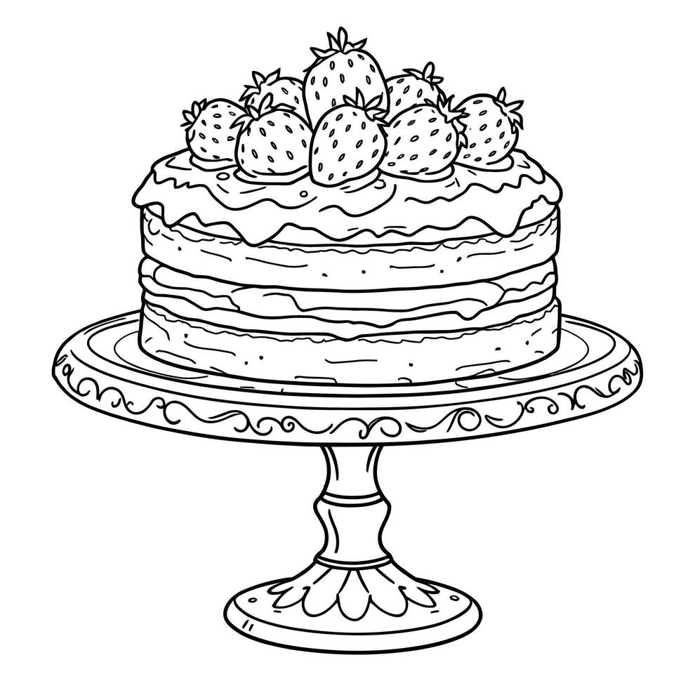 Delicious Strawberry Layer Cake on a Decorative Stand for Coloring Fun vector
