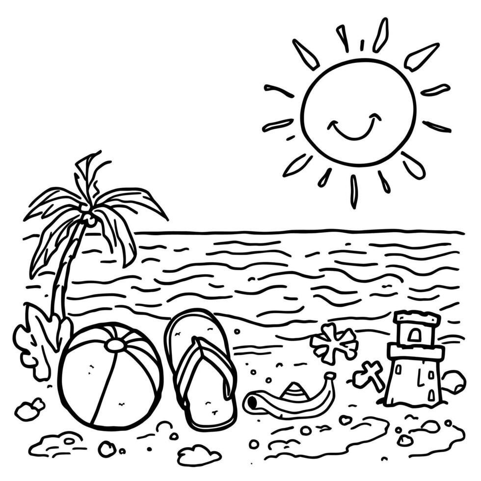 Happy Sunshine Beach Scene with Tropical Palm Tree and Beach Toys for Kids Coloring Book vector