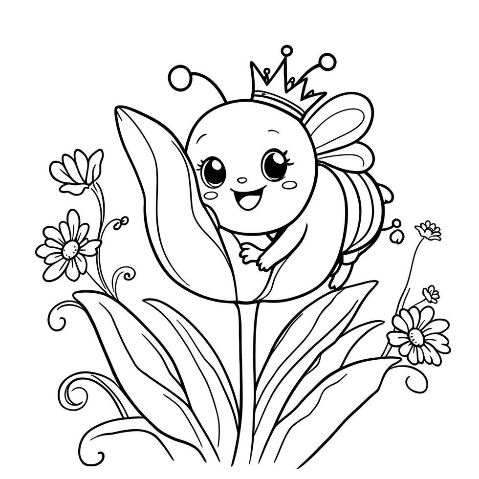 Cute Bee Princess Sitting on a Flower Petal with Antennas and Wings Wearing a Small Crown and Surrounded by Flowers for Coloring vector