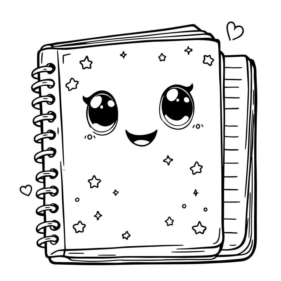 Adorable Kawaii Notebook Character with Cute Star Decorations for Creative Coloring Fun vector