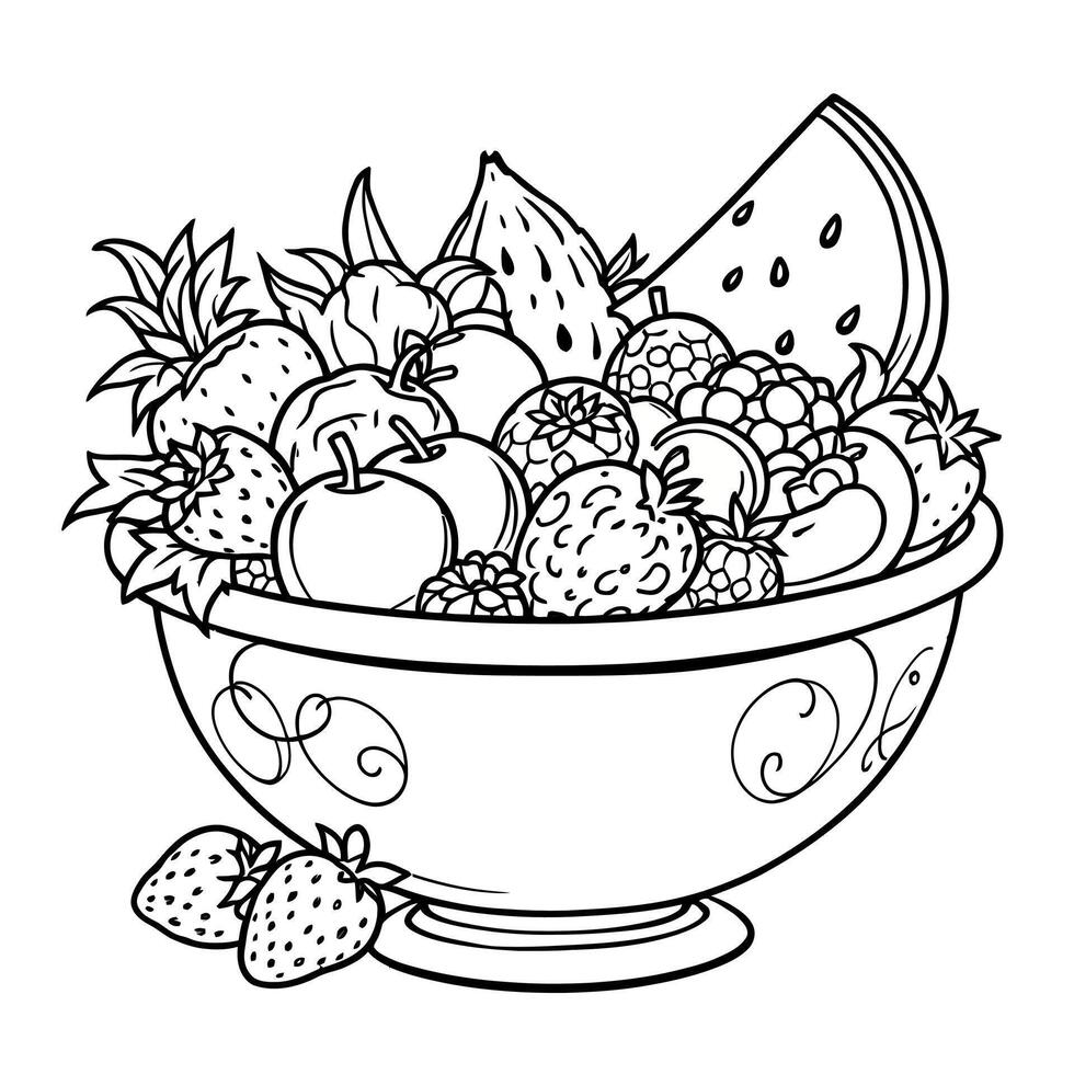 A Whimsical Line Art Coloring Page Featuring a Bowl Overflowing with Fresh Summer Fruits vector