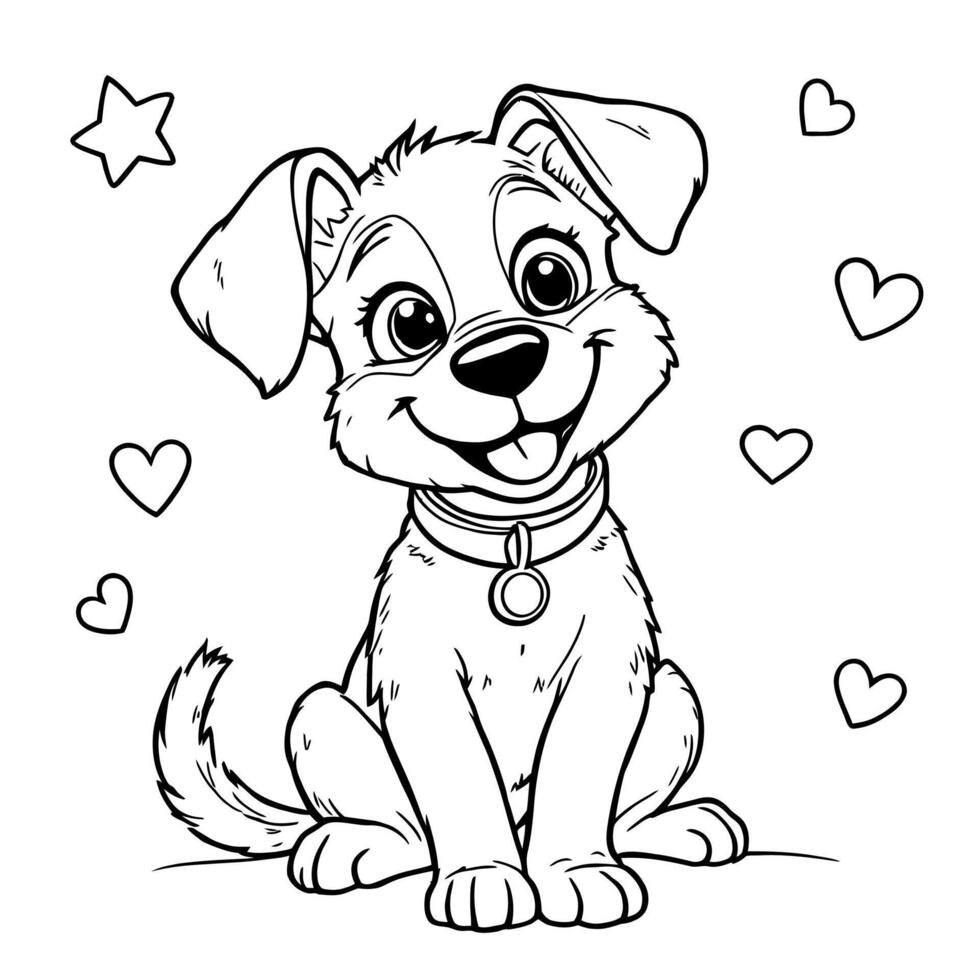 Adorable Happy Puppy Sitting with Hearts and Star Line Art Coloring Page for Kids and Adults vector