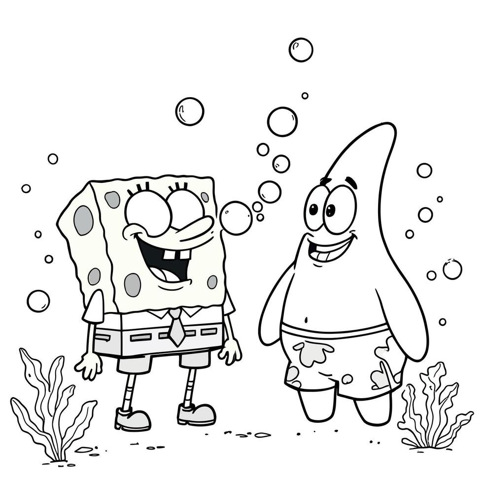 Underwater Friends Happy Together Bubbles Floating Animated Characters Simple Drawing for Coloring Fun Activities vector