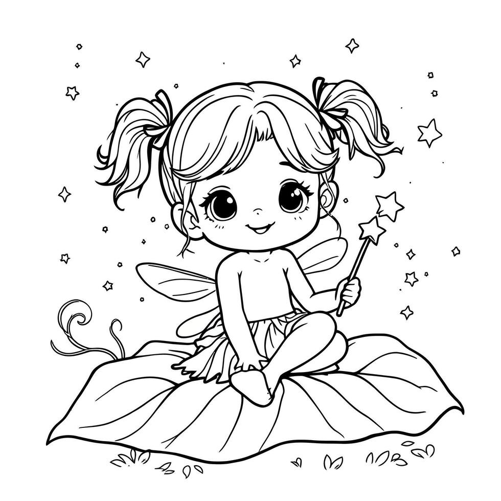 Cute baby fairy sitting on a leaf with magic wand and stars line art coloring page illustration vector