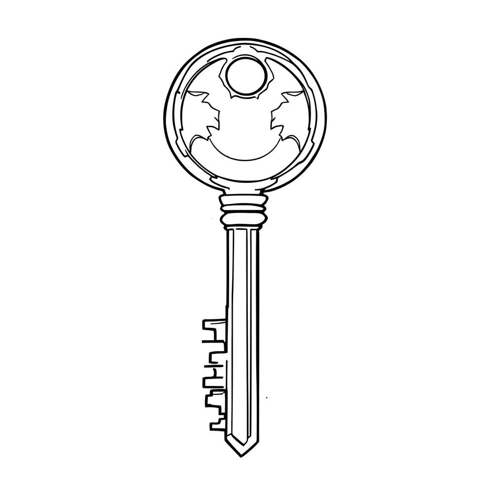 Antique Skeleton Key with Decorative Ornate Bow and Intricate Bit Pattern Detailed Line Art vector