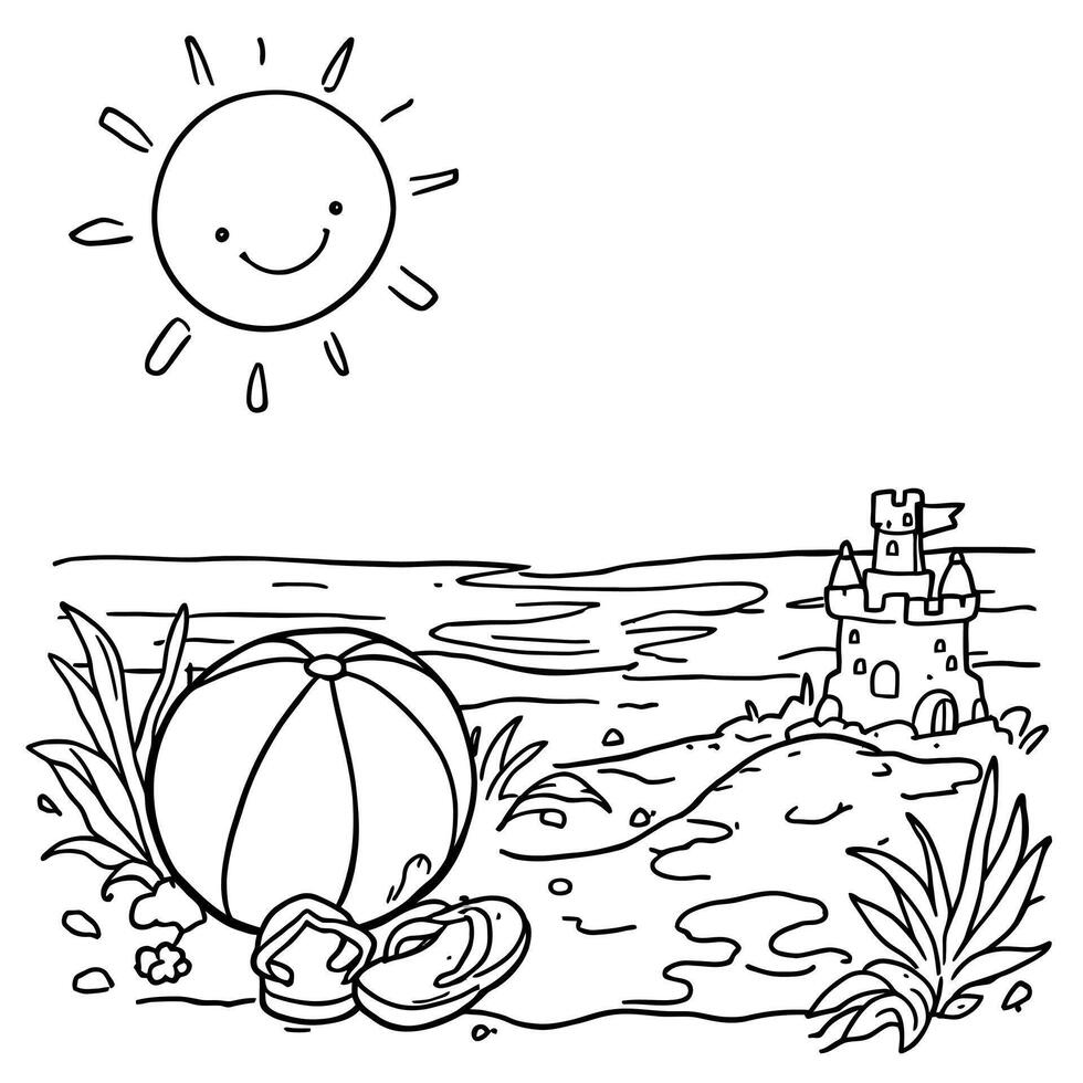 A Cheerful Sunny Beach Scene with a Sandcastle Ball and Flip Flops for Coloring vector