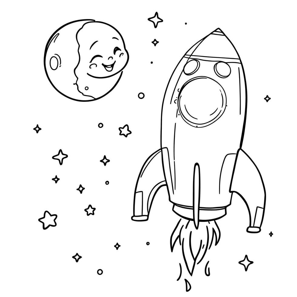 Cute Cartoon Rocket Ship Flying Past a Happy Moon in Outer Space with Stars Coloring Page vector
