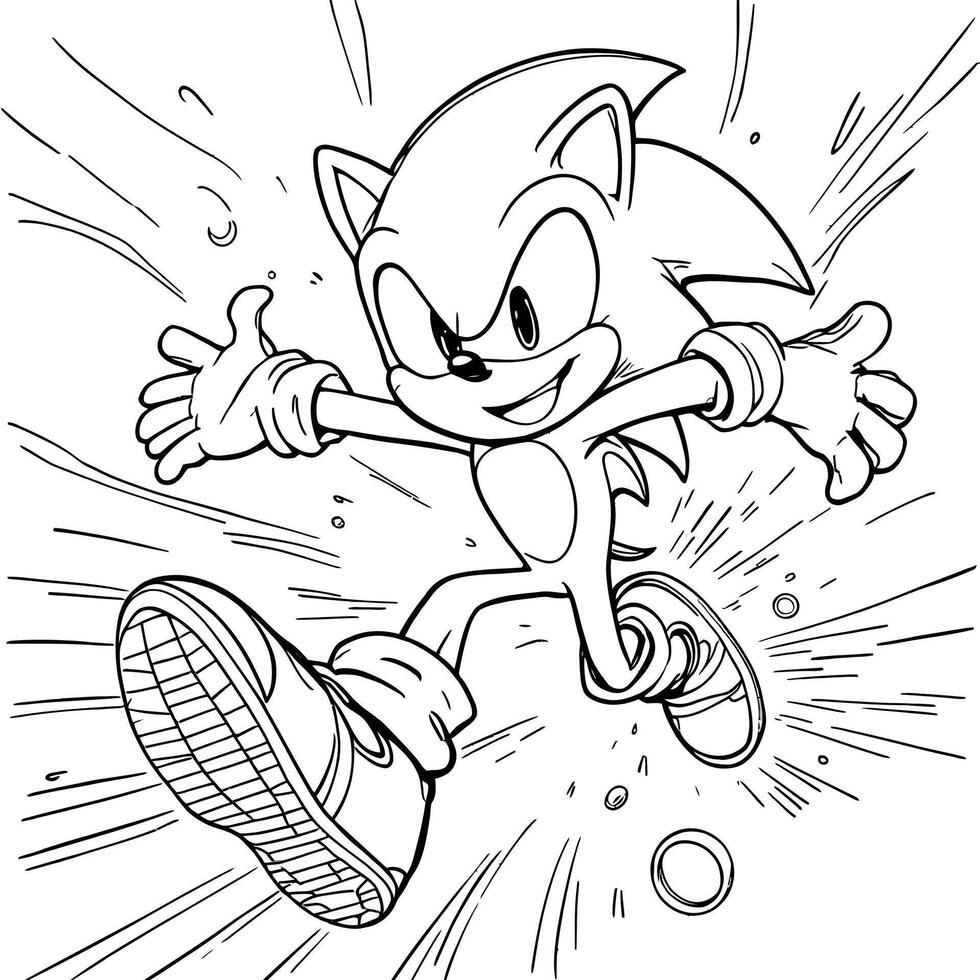 Fast Blue Hedgehog Running With Speed Lines and Action Effects Line Art Coloring Page vector