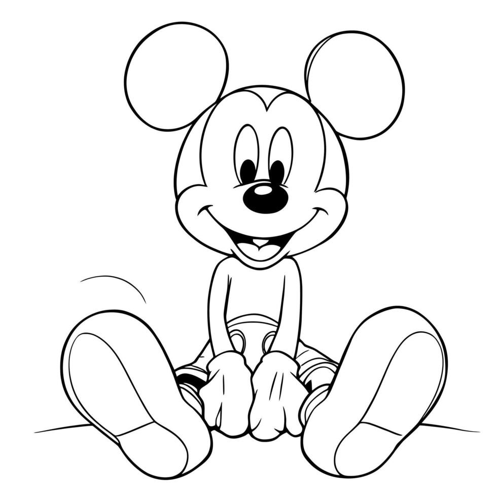 Cute cartoon mouse character sitting happily with big ears and a joyful expression perfect for coloring vector