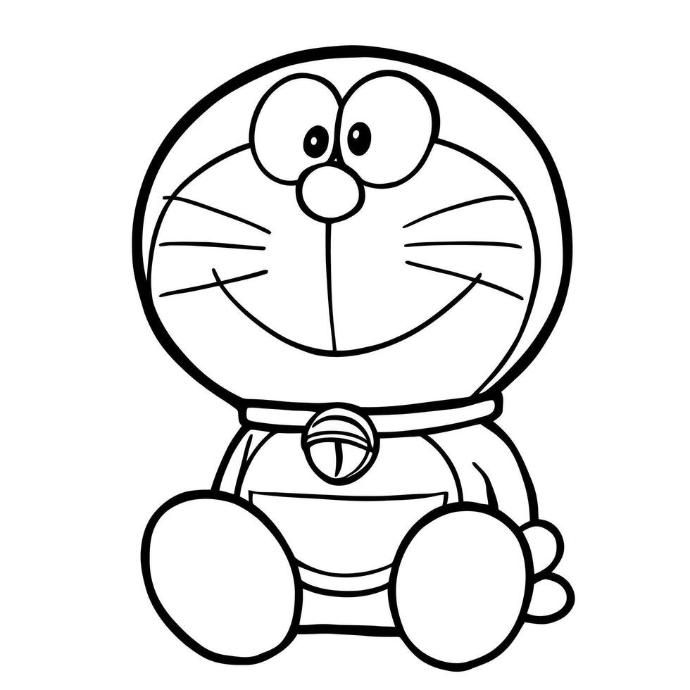 Cute Doraemon Robot Cat Sitting Pose Line Art Coloring Page Illustration for Kids vector