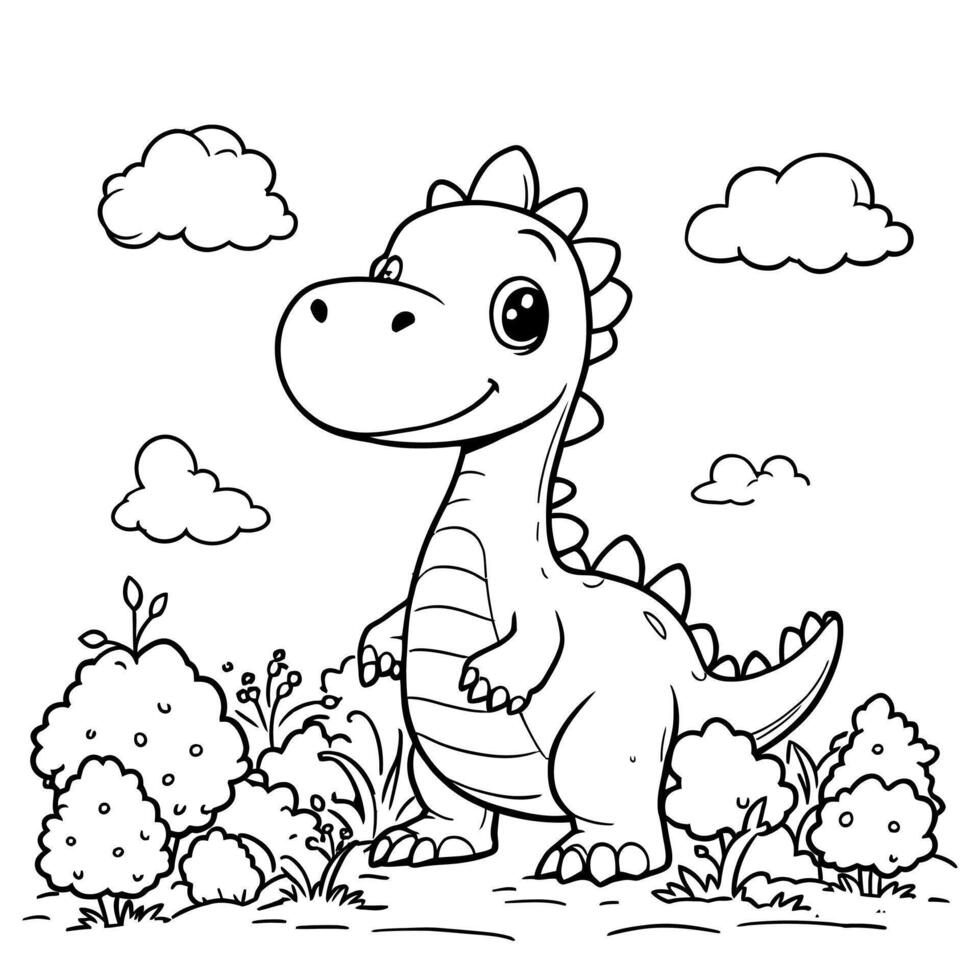 Cute Little Dinosaur Enjoying the Outdoors in a Scenic Nature Landscape Coloring Page vector